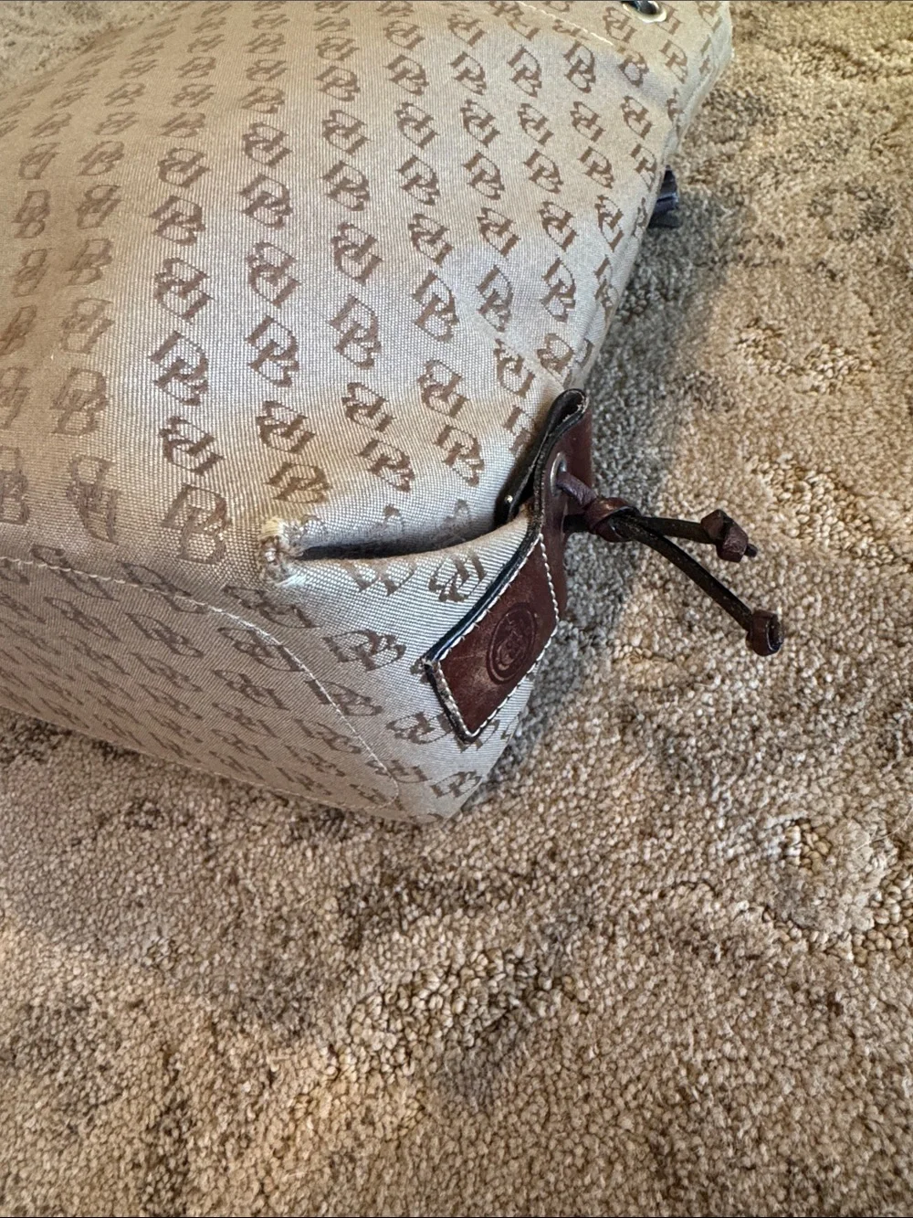 Dooney & Bourke Beige Monogram Tote with Brown Leather Trim